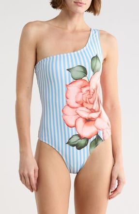 Hutch Placement Print One-Shoulder One-Piece Swimsuit in Coral Striped Spacious Rose at Nordstrom Rack, Size Medium