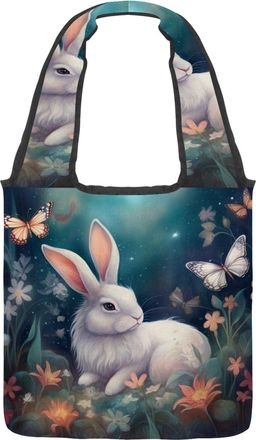Generic Floral Rabbit Butterfly Reversible Canvas Shoulder Tote - Double-Sided Print, 12oz Cotton, 27cm Drop, Fold-Flat Bag for Travel, Shopping, Street Outin