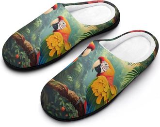 Generic Colorful Parrot Standing on Branch Mens Slippers Comfortable And Non-slip Cotton Slipper Shoe for House