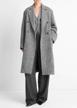 Vince Herringbone Double Breasted Coat In Charcoal
