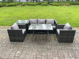 Fimous 5 Seater Wicker Rattan Outdoor Furniture Garden Dining Set with Sofa Oblong Dining Table Armchair Side Table in Dark Grey