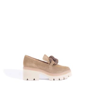 All Black Womens Link Lug Heeled Loafer In Camel