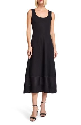Misook Modern Fit & Flare Sheer Hem Midi Dress in Black at Nordstrom, Size X-Small