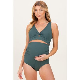 Pinkblush Ribbed Twist Front Cutout Two Piece Maternity Swimsuit in Green at Nordstrom, Size X-Large