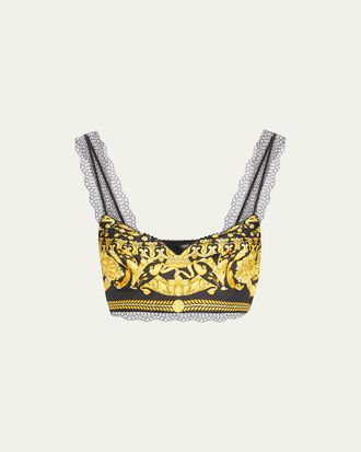 Versace Baroque Heritage-Print Lace-Trim Silk Bralette