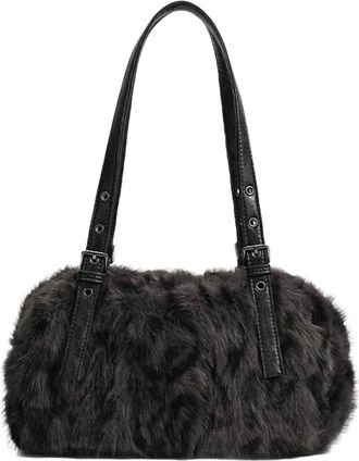 Generic Leopard Print Tote Bag for Women Plush Pillow Handbag Casual Shoulder Hobo Bag Furry Purse, Black and Grey