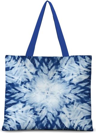 Generic Blue Tie-Dye Canvas Tote Bag, Cotton Linen Shoulder Bag, 15.75 x 13.78 Inches, Artistic Design with Zipper and Inner Pocket (Blue tie-dye 5)