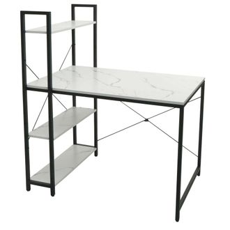 Hhg Escritorio Con Estante Hhg 669, Mesa Para Port&aacute;til Mesa De Oficina Escritorio De Trabajo, 100x60cm Metal Mdf, Aspecto M&aacute;rmol Blanco