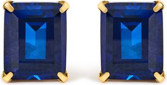 House of Brilliance 18K Yellow Gold 10x8 MM Lab Created Blue Sapphire Emerald Cut Solitaire Stud Earrings
