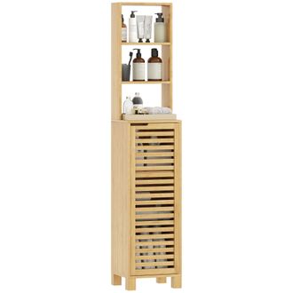 OEM Armario De Ba&ntilde;o Alto De Bamb&uacute; Estrecha Con 3 Estantes Abiertos Puerta De Lamas Baldas Ajustables 34x30x170 Cm Natural