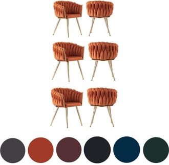 Life Interiors Set of 6 Roma Modern Velvet Dining Chairs - Ergonomic Curved back with Gold Metal Frame - Armchair for Dining Room Kitchen Living Room - Orange