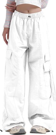 Generic 2025 Trousers Wide Leg Cargo Pants for Women with Side Pocket Mid Waisted Travel Streetwear Baggy Stretchy Pants Drawstring Ankle Cuffs (White, XL)