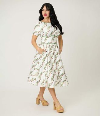 Unique Vintage Smocked Back Swing Dress in White W/Strawberry Print at Nordstrom, Size X-Large