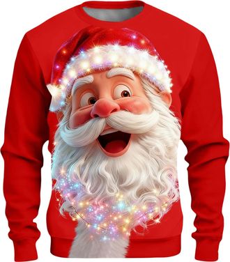 Generic Mens Ugly Christmas Jumper with 3D Santa Print Funny Knitted Xmas Sweater Long Sleeve Crew Neck Soft Knitted Winter Pullover for Holiday Parties and F