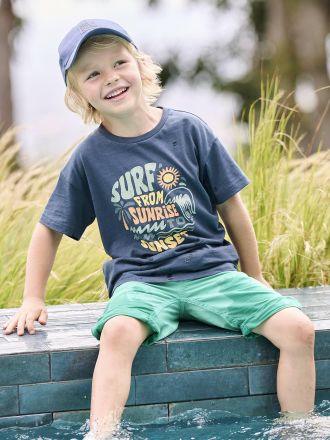 Vertbaudet Jungen T-Shirt mit grafischem Print, Recycling-Baumwolle nachtblau