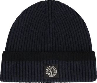 Stone Island Accessoires, Heren, Blauw, ONE Size, Katoen, Geribbelde Gebreide Muts