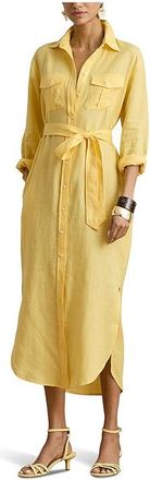 Lauren Ralph Lauren Belted Linen Midi Shirtdress Womens Dress Lemon Sorbet : 16