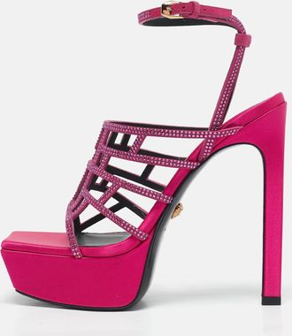Versace Pink Satin Crystal Embellished Platform Sandals