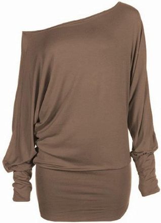 Crazy Girls Womens Long Sleeve One Off-Shoulder Plain Baggy Batwing Top UK8-24, Mocha, 3XL (UK 24-26)
