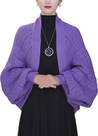 Generic Fashion Hollow out Knitted Shawl Coat, Blanceresem Womens Knitted Slouchy Wrap Cardigan Shawl Coat, Lightweights Slouchy Knit (Purple)