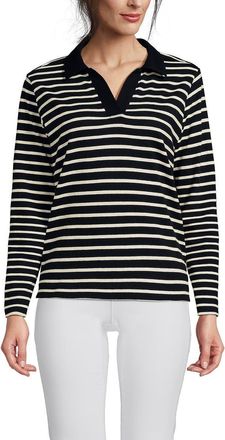 Lands End Long Sleeve Mariner Johnny Collar Polo in Black Breton Stripe at Nordstrom, Size X-Small