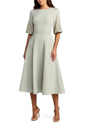 Mac Duggal Crepe A Line Midi Dress With Beaded Sleeves in Sage at Nordstrom, Size 14