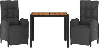 vidaXL Set Comedor De Jard&iacute;n 3 Pzas Con Cojines Rat&aacute;n Sint&eacute;tico Negro Vidaxl