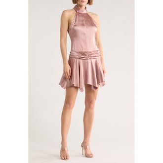 Motel Satin Halter Drop Waist Minidress in Baby Pink at Nordstrom Rack, Size Xx-Large