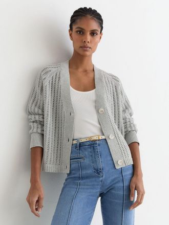 Reiss Silver Grey Cotton-blend Open-knit Cardigan, XS