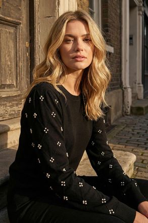 Roman Faux Pearl Contrast Cable Knit Jumper