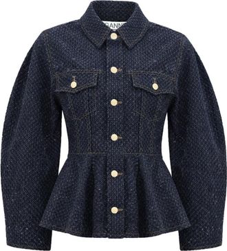 Ganni Blue Textured Shirt Collar Jacket