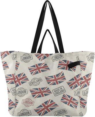 Generic British Flag White pattern Reusable Canvas Tote Bag, Heavy Duty Grocery Shopping Bag with Large Capacity Hard Bottom Double Handles Work Groceries Tra