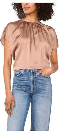 Vince Camuto Crewneck Shirring Short Sleeve Womens Clothing Rich Taupe : MD, Cotton