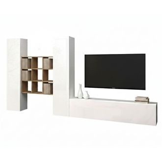 Dmora Pared Equipada Dcarbon, Conjunto De Sal&oacute;n Mueble De Tv Con 3 Puertas, Mueble De Sal&oacute;n Polivalente, 100% Made In Italy, Cm 270x30h180, Blanco Brillo Y 