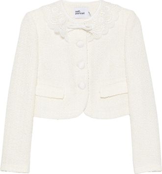 Self Portrait White Boucle Cropped Textured Blazer