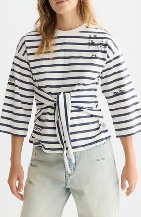 Scotch & Soda x Basquiat Breton Stripe Belted T-Shirt in Blue White Stripe at Nordstrom, Size X-Small