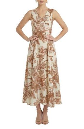 London Times V-Neck Linen Blend Godet Midi Dress in Cream/Picante at Nordstrom Rack, Size X-Large