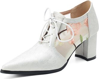 Generic Womens Pointed Toe Pumps Textured Fabric Mesh Floral Embroidery Lace-Up Block Heel Cushioned Insole Anti-Slip Durable Sole Comfortable Fit,White,4.5 U
