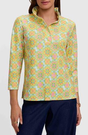 Foxcroft Tammy Tile Print Ruffle Collar Top in Multi at Nordstrom, Size X-Large
