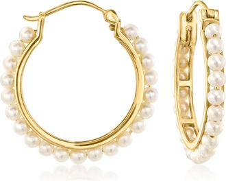 Ross-Simons 3-3.5mm Cultured Pearl Hoop Earrings in 18kt Gold Over Sterling