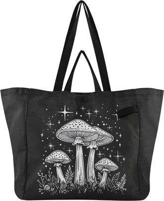 Generic Mushroom Stars Plants Black pattern Reusable Canvas Tote Bag, Heavy Duty Grocery Shopping Bag with Double Handles Large Capacity Hard Bottom Work Groc