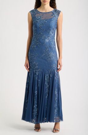 Alex Evenings Embroidered Trumpet Gown in Vintage Blue at Nordstrom, Size 16