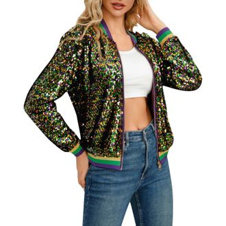 Generic Womens Sequin Jacket Long Sleeve Party Club Metallic Glitter Sequin Bomberjacket Womens Shiny Jacket Cardigan Long Sleeve Bolero Tops Short Tops Elega