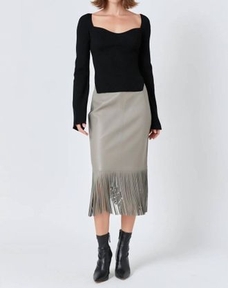 endless rose Fringe Faux Leather Midi Skirt In Taupe