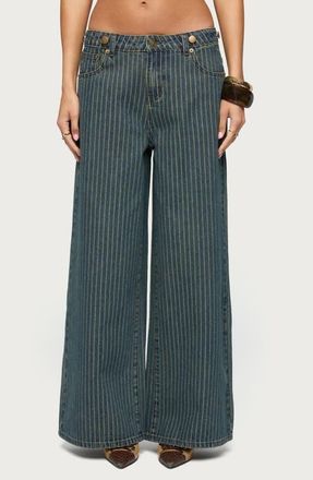 Edikted Pinstripe Wide Leg Low Rise Jeans in Blue-Vintage-Washed at Nordstrom, Size X-Large