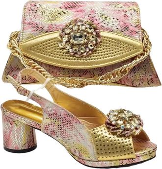 Generic Womens Shoes and Bags Matching Set Flowers Rhinestone Decorated Bigger Size Thick Heel Shoes for Party Wedding Gold