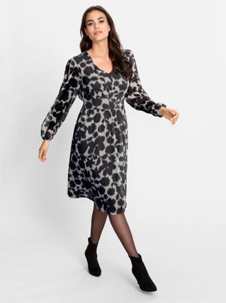 Heine Druckkleid HEINE Druck-Kleid, Damen, Gr. 40, Normalgr&ouml;ssen, beige (champagner, schwarz, bedruckt), 100% Polyester, bedruckt, gebl&uuml;mt, gemustert, kniel