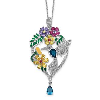 Diamond2Deal Sterling Silver Multicolor Glass and Cubic Zirconia Floral Hummingbird Necklace 18