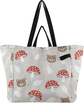 Generic Mushroom Bear Red print Reusable Canvas Tote Bag, Heavy Duty Grocery Shopping Bag with Large Capacity Hard Bottom Double Handles Work Groceries Travel
