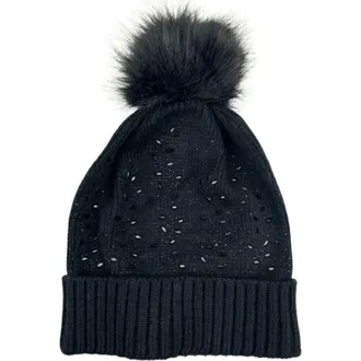 MARCUS ADLER Crystal Embellished Faux Fur Pompom Beanie in Black at Nordstrom Rack
